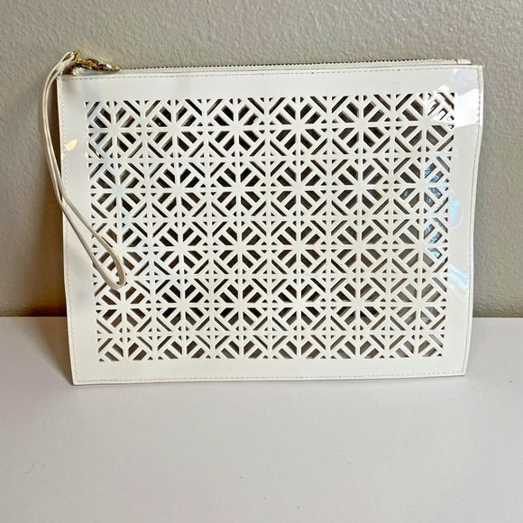 TORY BURCH Large Laser Cutout Zip Clutch Pouch White PVC Clear Lining Gold Charm - Picture 3 of 6